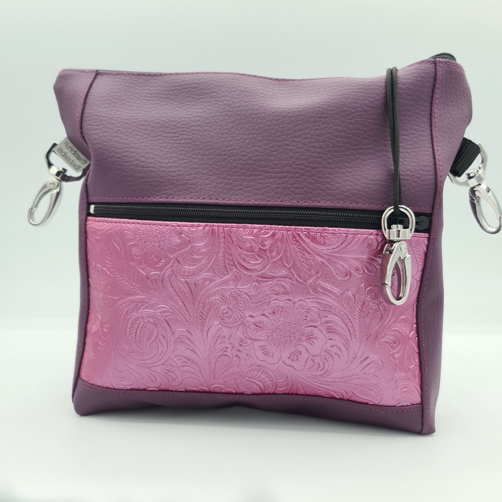 Gassitasche / Cross Bag / Hip Bag, augergine / himbeerfarbene Blütenranken